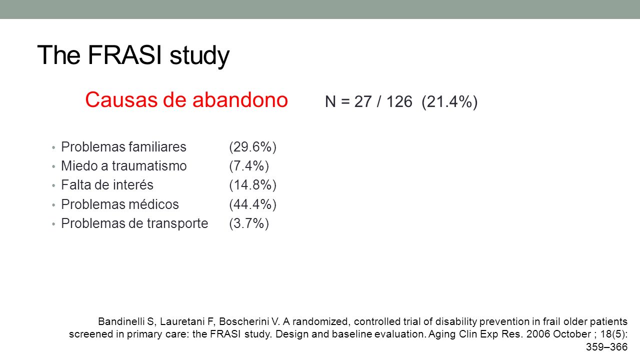 The FRASI study Causas de abandono N = 27 / 126 (21.4%)
