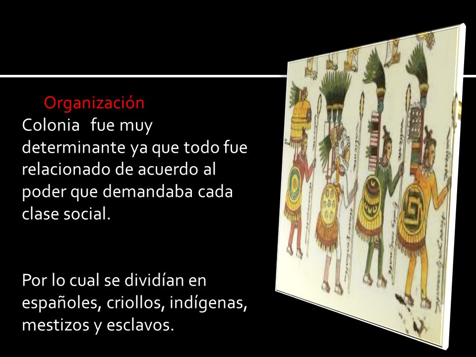 La Organización Social en la Colonia fue muy determinante ya que todo fue relacionado de acuerdo al poder que demandaba cada clase social.