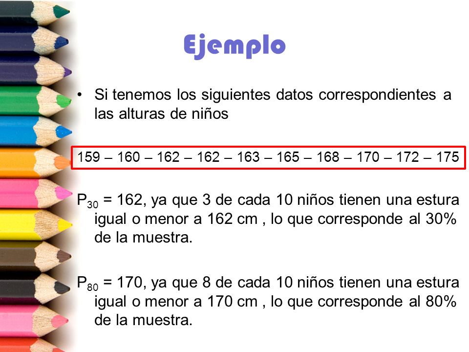 Ejemplo Si tenemos los siguientes datos correspondientes a las alturas de niños. 159 – 160 – 162 – 162 – 163 – 165 – 168 – 170 – 172 – 175.