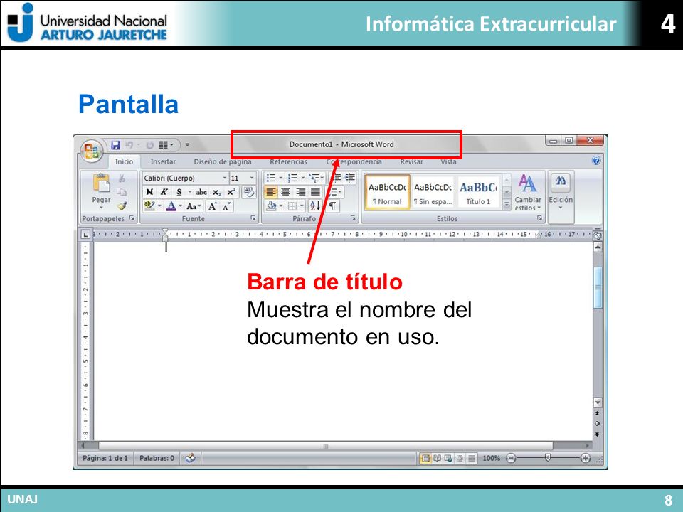 Pantalla Barra de título Muestra el nombre del documento en uso.