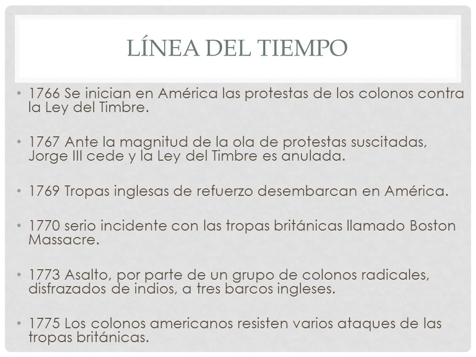 Línea del tiempo 1766 Se inician en América las protestas de los colonos contra la Ley del Timbre.