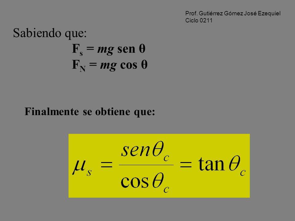 Sabiendo que: FN = mg cos θ Fs = mg sen θ Finalmente se obtiene que: