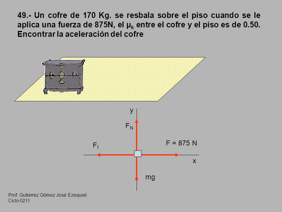 49.- Un cofre de 170 Kg. se resbala sobre el piso cuando se le aplica una fuerza de 875N, el μk entre el cofre y el piso es de Encontrar la aceleración del cofre