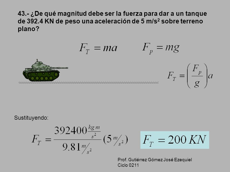 43. - ¿De qué magnitud debe ser la fuerza para dar a un tanque de 392