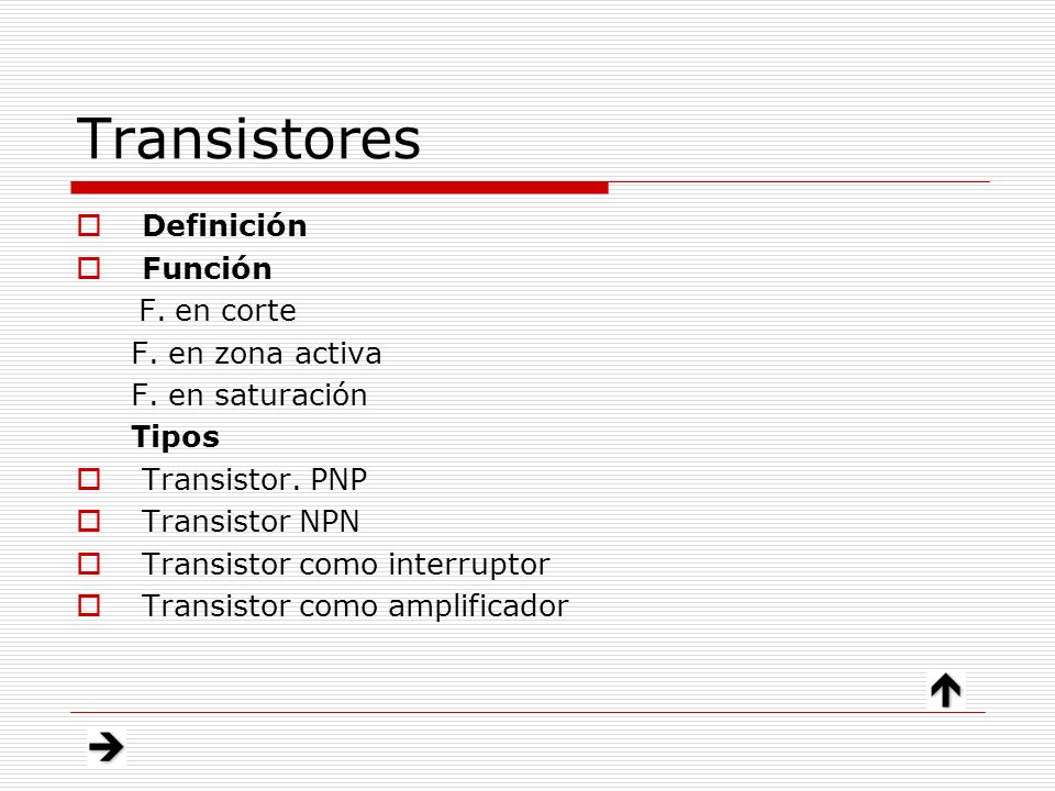 Transistores Definición Función F. en corte F. en zona activa