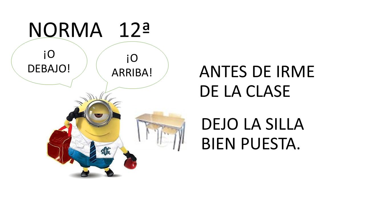 NORMA 12ª ANTES DE IRME DE LA CLASE DEJO LA SILLA BIEN PUESTA.