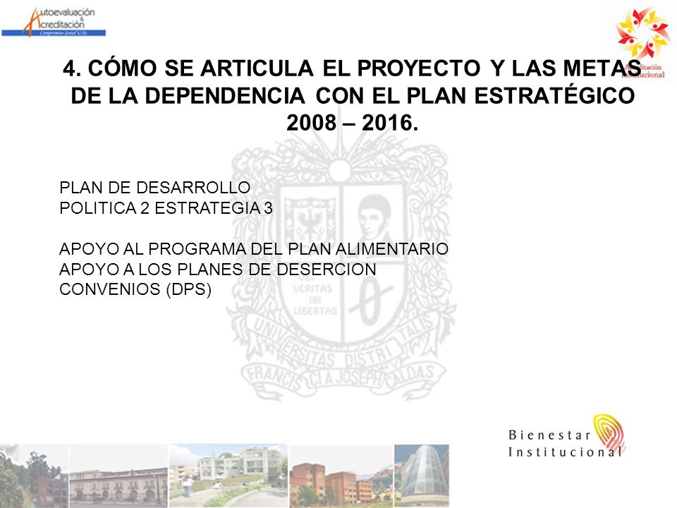 4. CÓMO SE ARTICULA EL PROYECTO Y LAS METAS DE LA DEPENDENCIA CON EL PLAN ESTRATÉGICO 2008 – 2016.