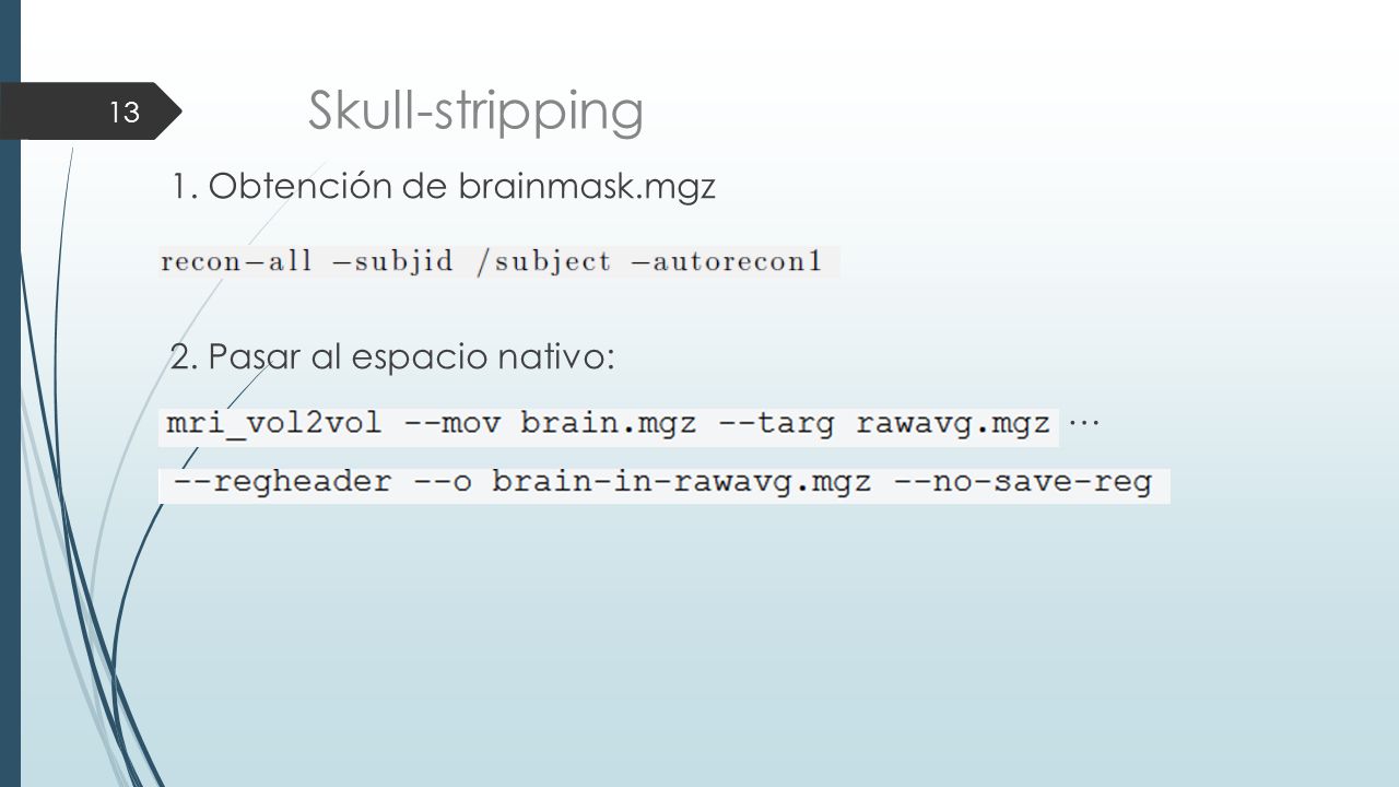 Skull-stripping 1. Obtención de brainmask.mgz 2. Pasar al espacio nativo: … Este algoritmo proporciona una estimacion.