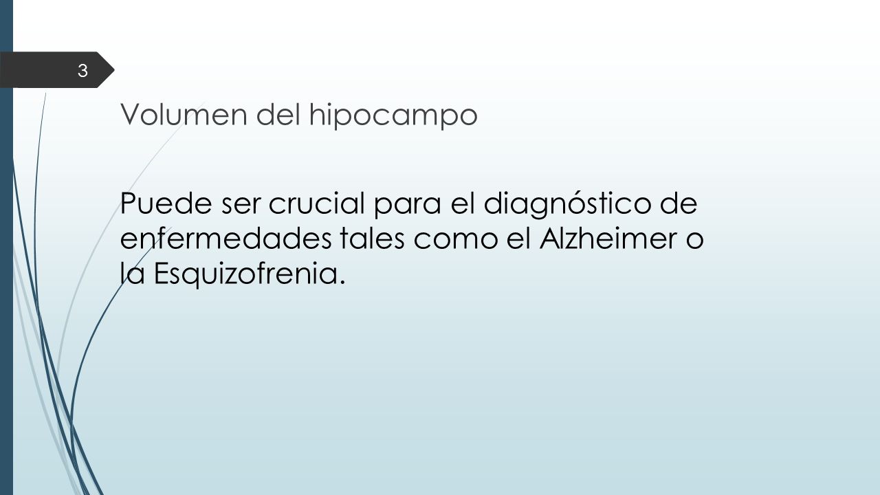 Volumen del hipocampo Puede ser crucial para el diagnóstico de enfermedades tales como el Alzheimer o la Esquizofrenia.