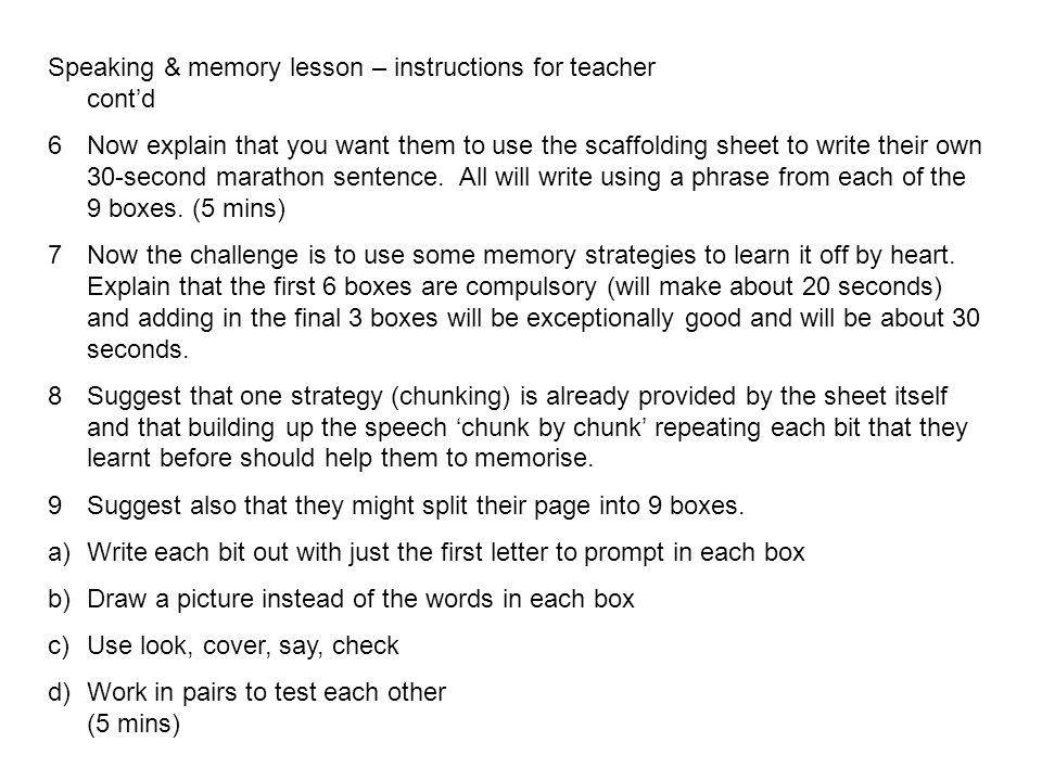 Speaking & memory lesson – instructions for teacher cont’d