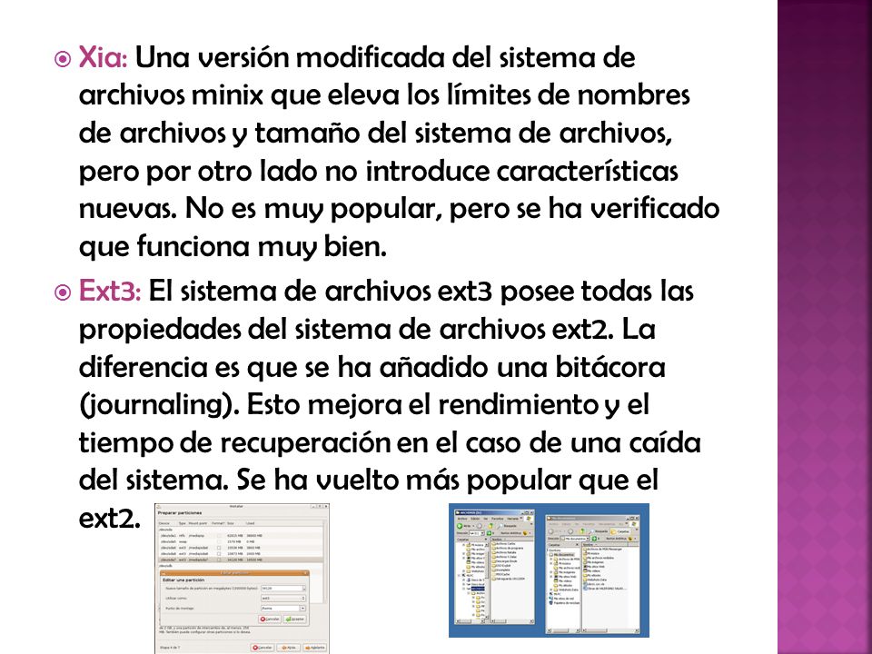 Xia: Una versión modificada del sistema de archivos minix que eleva los límites de nombres de archivos y tamaño del sistema de archivos, pero por otro lado no introduce características nuevas. No es muy popular, pero se ha verificado que funciona muy bien.