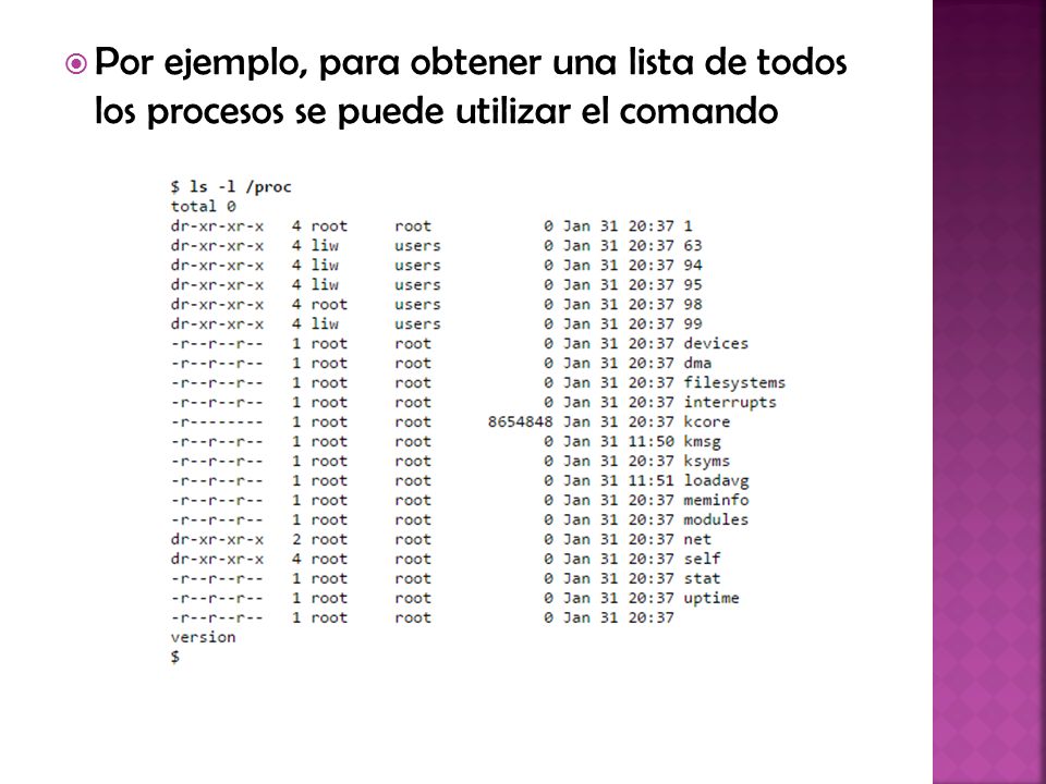 Por ejemplo, para obtener una lista de todos los procesos se puede utilizar el comando
