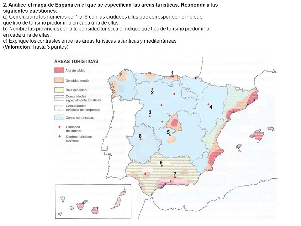 2. Analice el mapa de España en el que se especifican las áreas turísticas. Responda a las