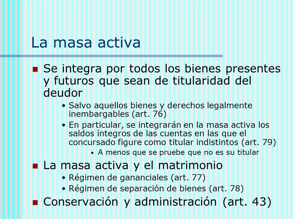 La masa activa Se integra por todos los bienes presentes y futuros que sean de titularidad del deudor.