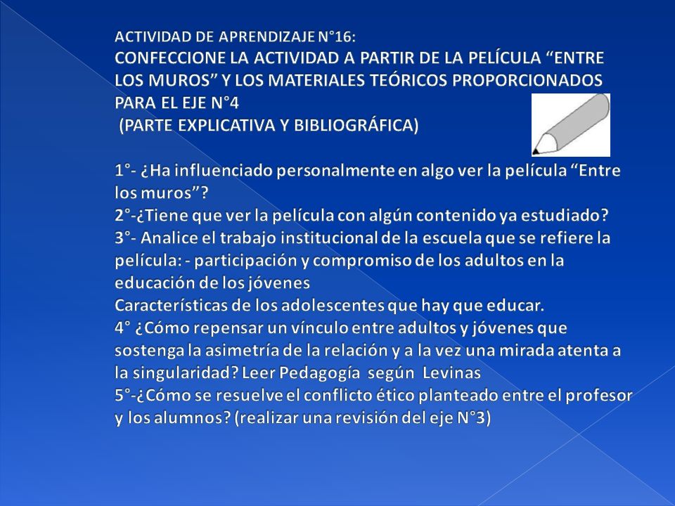ACTIVIDAD DE APRENDIZAJE N°16: CONFECCIONE LA ACTIVIDAD A PARTIR DE LA PELÍCULA ENTRE LOS MUROS Y LOS MATERIALES TEÓRICOS PROPORCIONADOS PARA EL EJE N°4 (PARTE EXPLICATIVA Y BIBLIOGRÁFICA) 1°- ¿Ha influenciado personalmente en algo ver la película Entre los muros .
