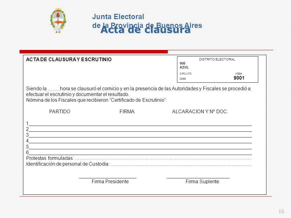 Acta de clausura Junta Electoral de la Provincia de Buenos Aires