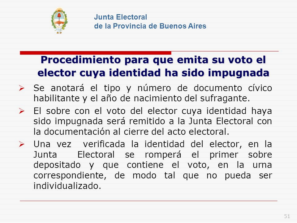 Junta Electoral de la Provincia de Buenos Aires. Procedimiento para que emita su voto el elector cuya identidad ha sido impugnada.