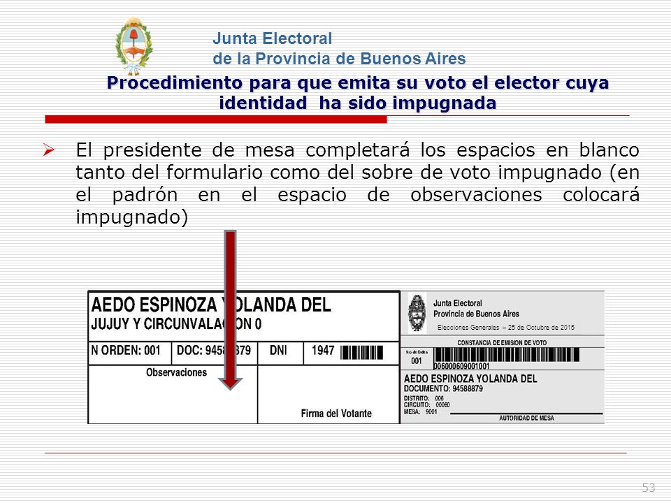 Junta Electoral de la Provincia de Buenos Aires. Procedimiento para que emita su voto el elector cuya identidad ha sido impugnada.