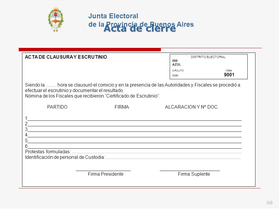 Acta de cierre Junta Electoral de la Provincia de Buenos Aires
