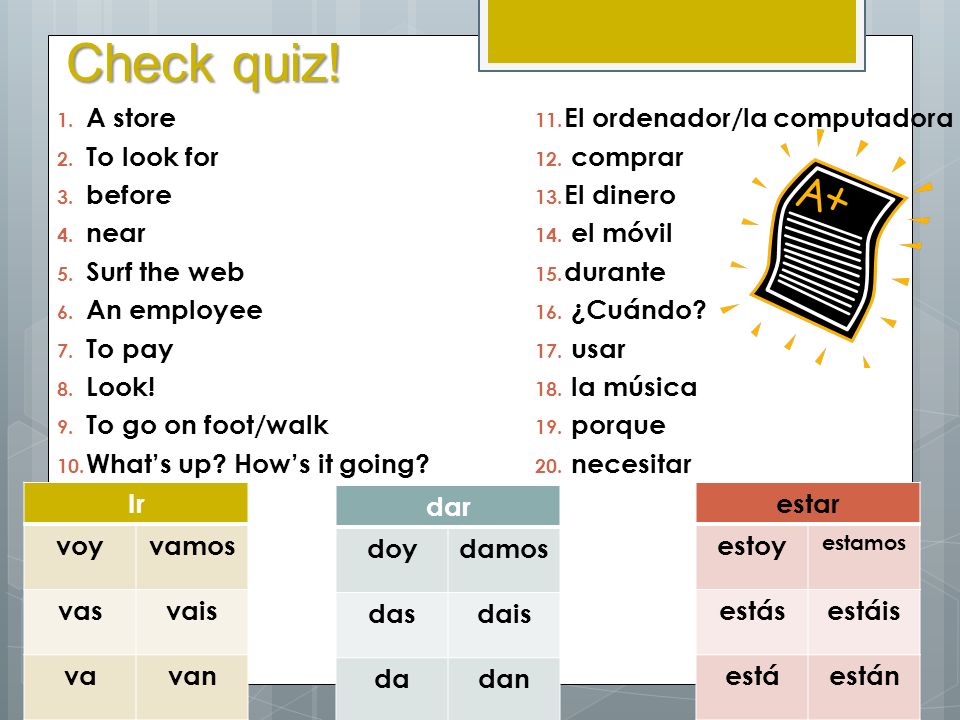 Check quiz! A store El ordenador/la computadora To look for comprar