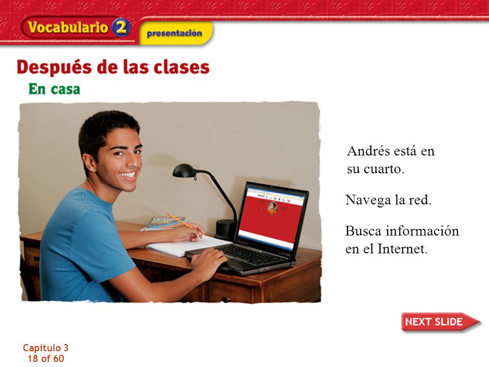 Andrés está en su cuarto. Navega la red. Busca información