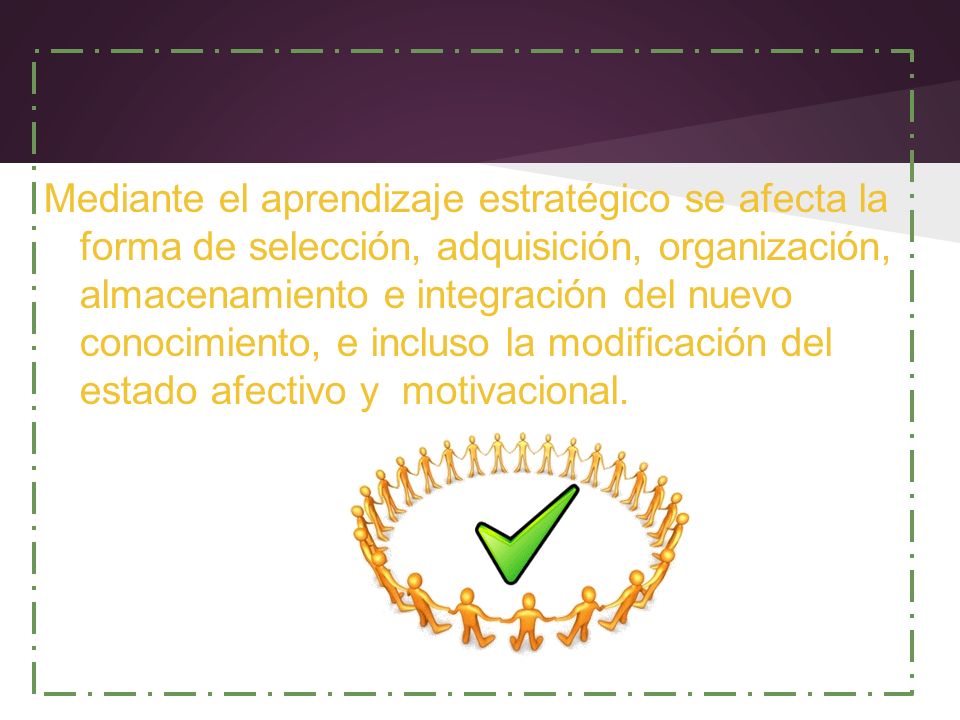 Mediante el aprendizaje estratégico se afecta la forma de selección, adquisición, organización, almacenamiento e integración del nuevo conocimiento, e incluso la modificación del estado afectivo y motivacional.