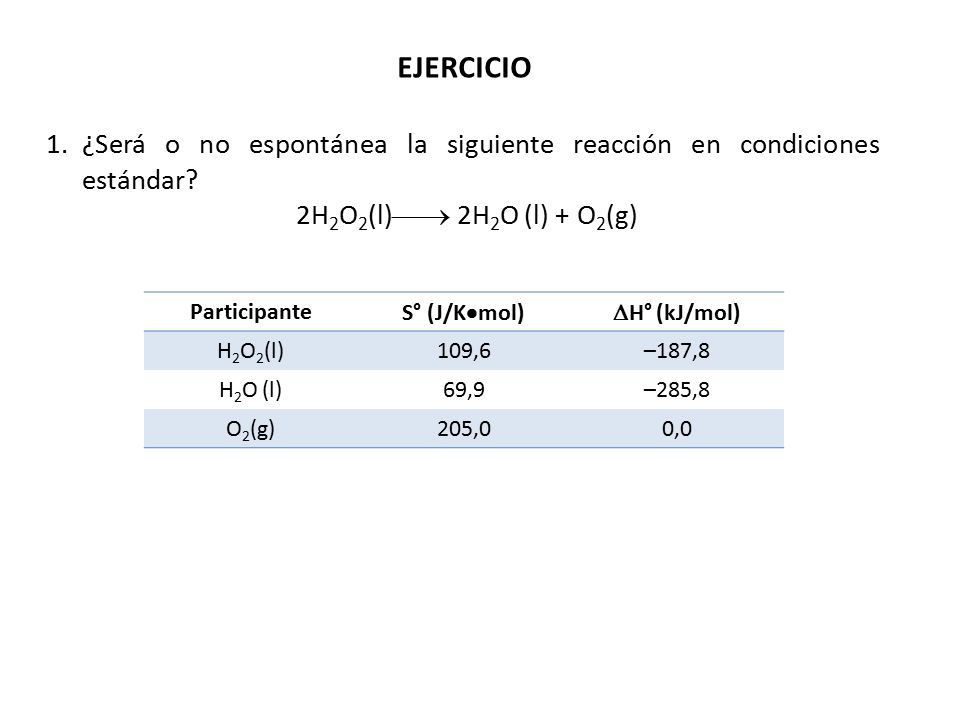 EJERCICIO ¿Será o no espontánea la siguiente reacción en condiciones estándar 2H2O2(l) 2H2O (l) + O2(g)