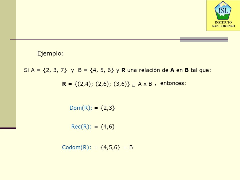 Ejemplo: Si A = {2, 3, 7} y B = {4, 5, 6} y R una relación de A en B tal que: R = {(2,4); (2,6); (3,6)} A x B.