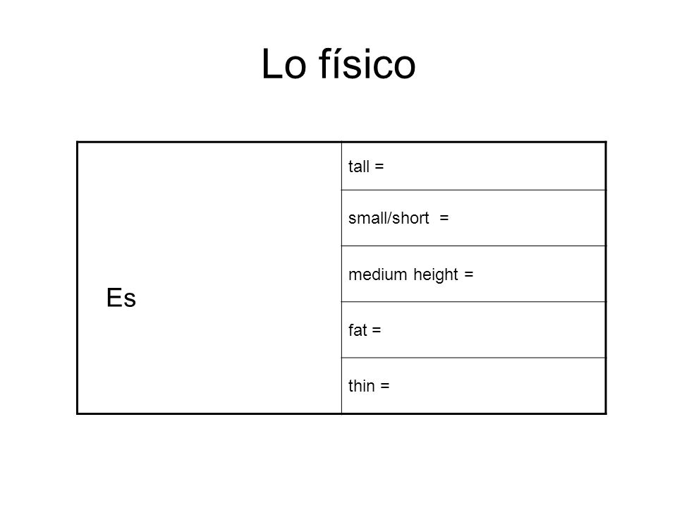 Lo físico Es tall = small/short = medium height = fat = thin =