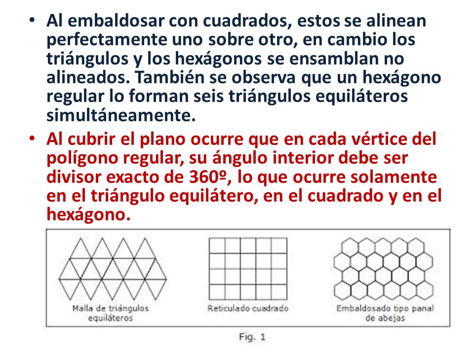 Al embaldosar con cuadrados, estos se alinean perfectamente uno sobre otro, en cambio los triángulos y los hexágonos se ensamblan no alineados. También se observa que un hexágono regular lo forman seis triángulos equiláteros simultáneamente.
