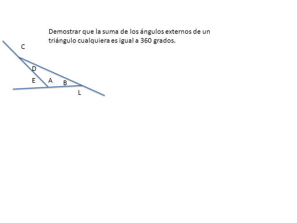 Demostrar que la suma de los ángulos externos de un triángulo cualquiera es igual a 360 grados.