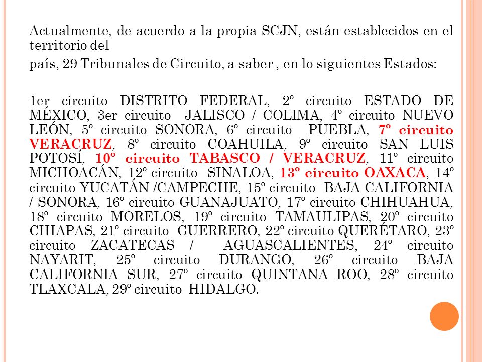 Actualmente, de acuerdo a la propia SCJN, están establecidos en el territorio del país, 29 Tribunales de Circuito, a saber , en lo siguientes Estados: 1er circuito DISTRITO FEDERAL, 2º circuito ESTADO DE MÉXICO, 3er circuito JALISCO / COLIMA, 4º circuito NUEVO LEÓN, 5º circuito SONORA, 6º circuito PUEBLA, 7º circuito VERACRUZ, 8º circuito COAHUILA, 9º circuito SAN LUIS POTOSÍ, 10º circuito TABASCO / VERACRUZ, 11º circuito MICHOACÁN, 12º circuito SINALOA, 13º circuito OAXACA, 14º circuito YUCATÁN /CAMPECHE, 15º circuito BAJA CALIFORNIA / SONORA, 16º circuito GUANAJUATO, 17º circuito CHIHUAHUA, 18º circuito MORELOS, 19º circuito TAMAULIPAS, 20º circuito CHIAPAS, 21º circuito GUERRERO, 22º circuito QUERÉTARO, 23º circuito ZACATECAS / AGUASCALIENTES, 24º circuito NAYARIT, 25º circuito DURANGO, 26º circuito BAJA CALIFORNIA SUR, 27º circuito QUINTANA ROO, 28º circuito TLAXCALA, 29º circuito HIDALGO.