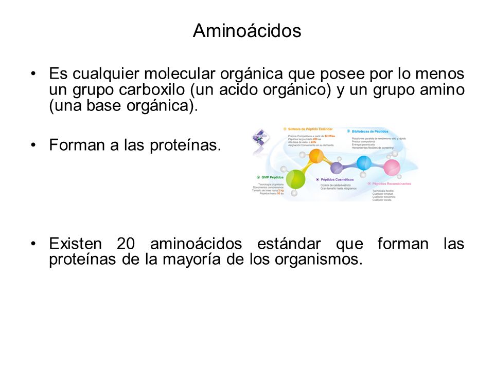 Aminoácidos Es cualquier molecular orgánica que posee por lo menos un grupo carboxilo (un acido orgánico) y un grupo amino (una base orgánica).