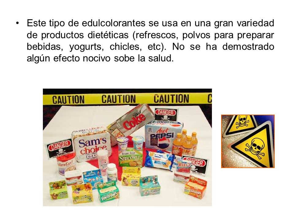 Este tipo de edulcolorantes se usa en una gran variedad de productos dietéticas (refrescos, polvos para preparar bebidas, yogurts, chicles, etc).