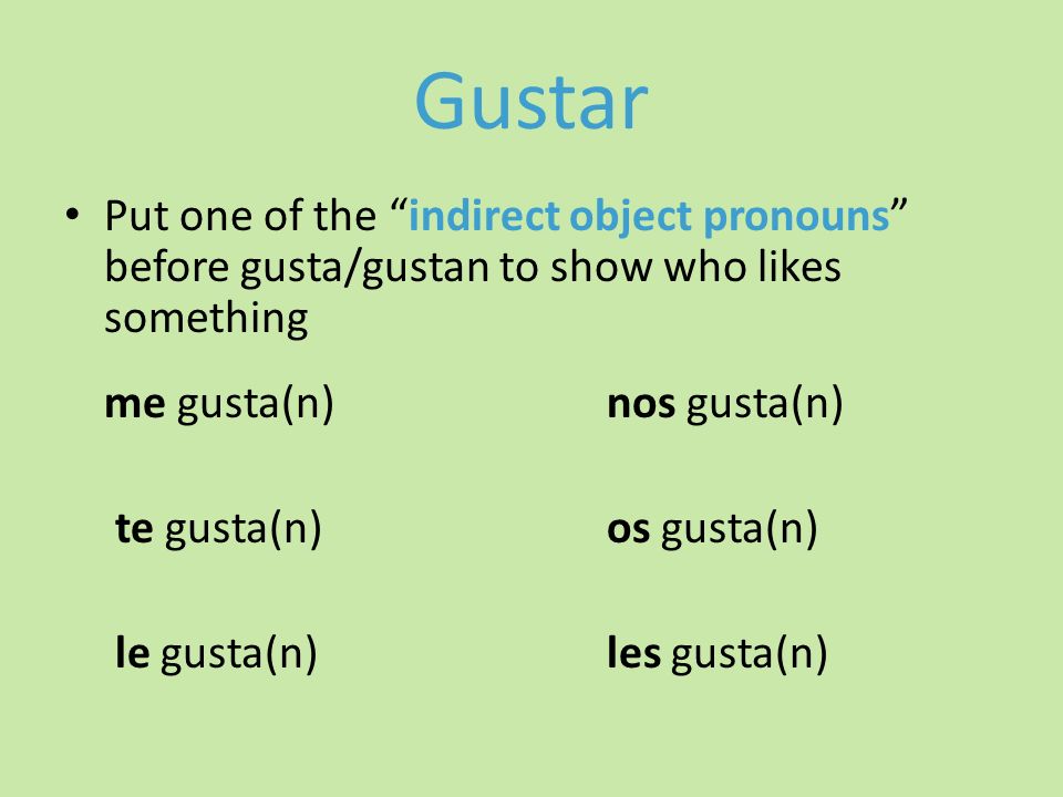 Gustar Put one of the indirect object pronouns before gusta/gustan to show who likes something. me gusta(n) nos gusta(n)