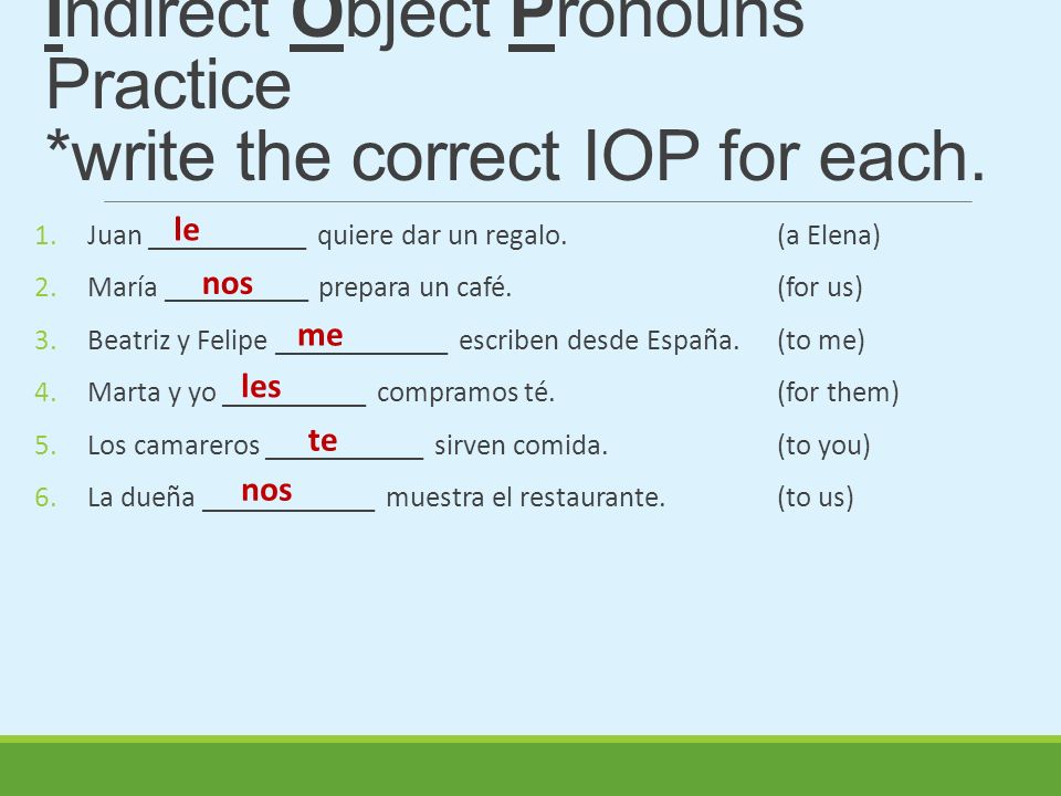 Indirect Object Pronouns Practice *write the correct IOP for each.
