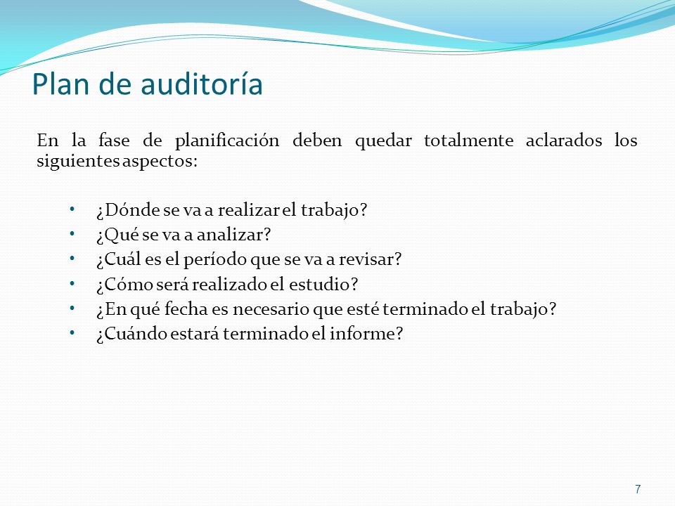 Plan de auditoría En la fase de planificación deben quedar totalmente aclarados los siguientes aspectos: