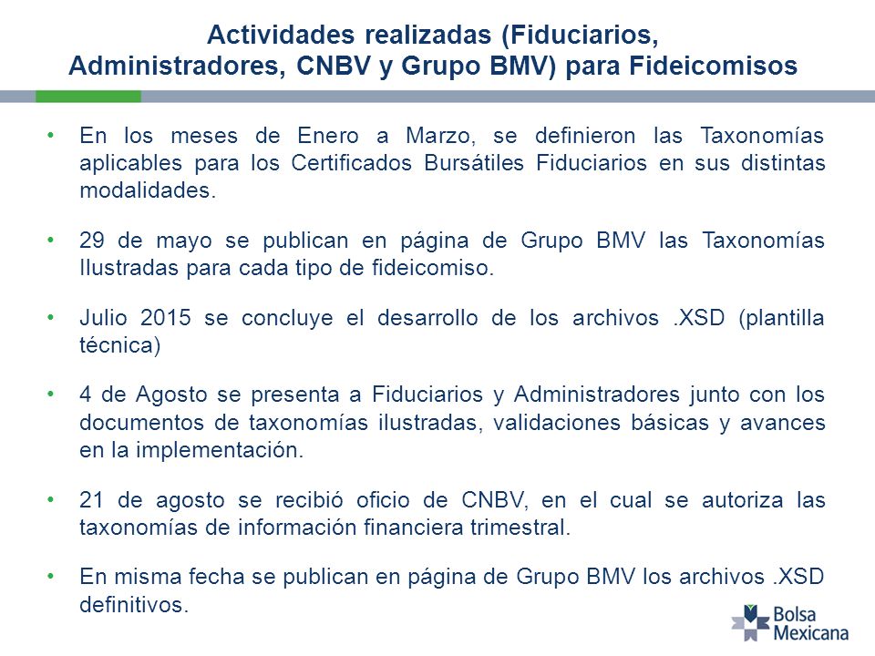 Actividades realizadas (Fiduciarios, Administradores, CNBV y Grupo BMV) para Fideicomisos