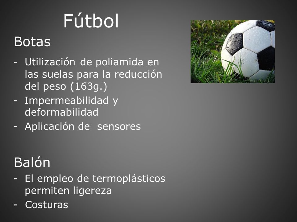 Fútbol Botas. Utilización de poliamida en las suelas para la reducción del peso (163g.) Impermeabilidad y deformabilidad.