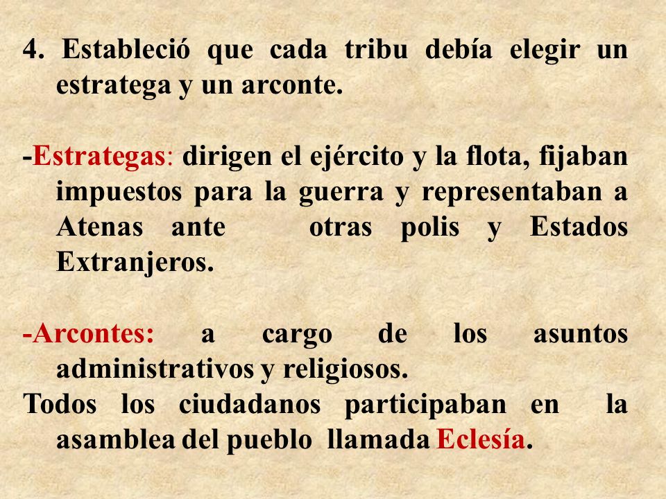 4. Estableció que cada tribu debía elegir un estratega y un arconte.