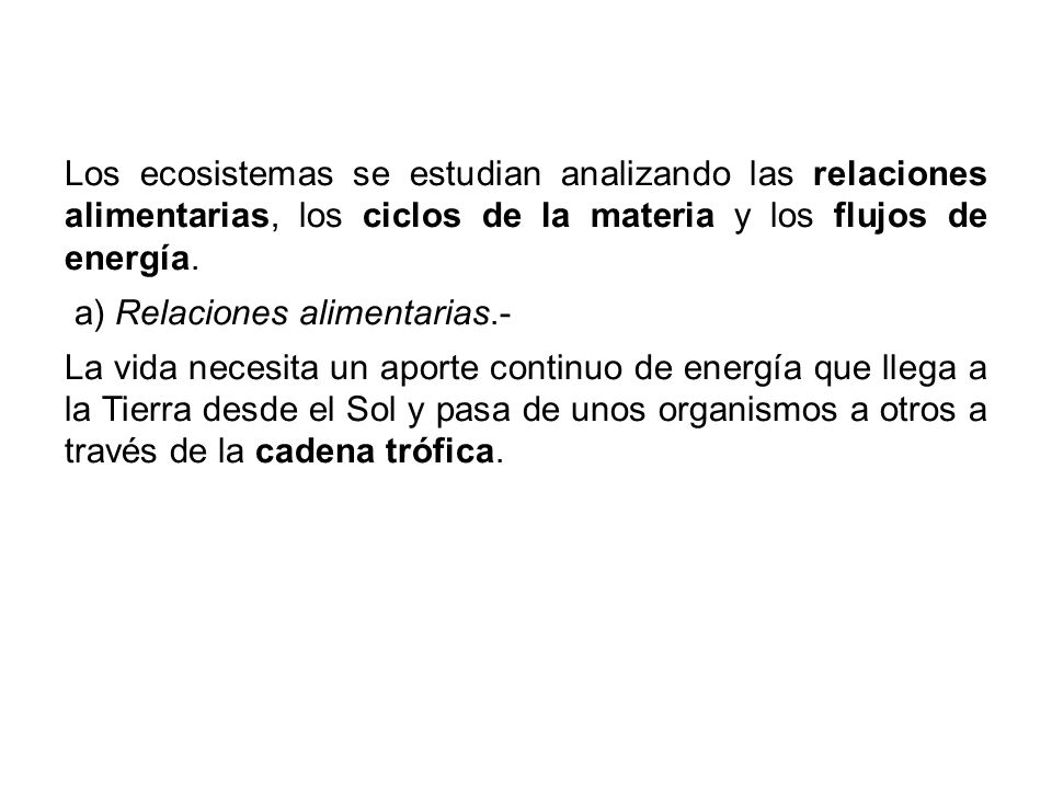 Los ecosistemas se estudian analizando las relaciones alimentarias, los ciclos de la materia y los flujos de energía.