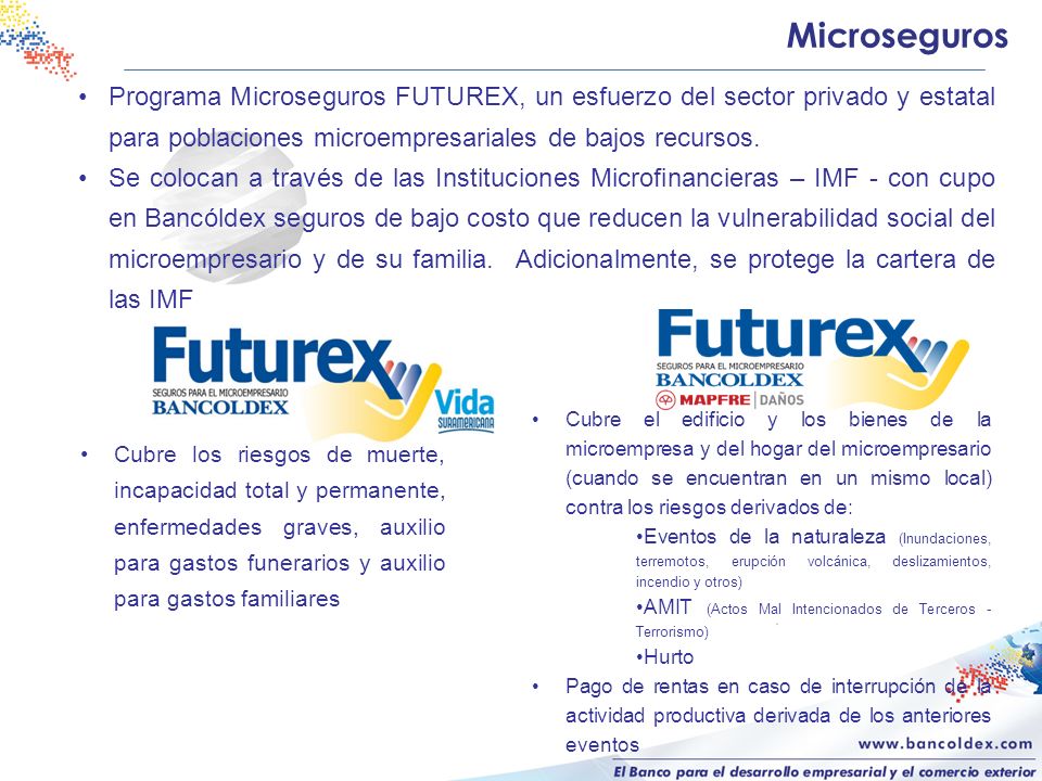 Microseguros Programa Microseguros FUTUREX, un esfuerzo del sector privado y estatal para poblaciones microempresariales de bajos recursos.