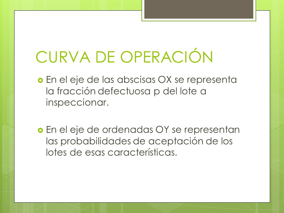 CURVA DE OPERACIÓN En el eje de las abscisas OX se representa la fracción defectuosa p del lote a inspeccionar.