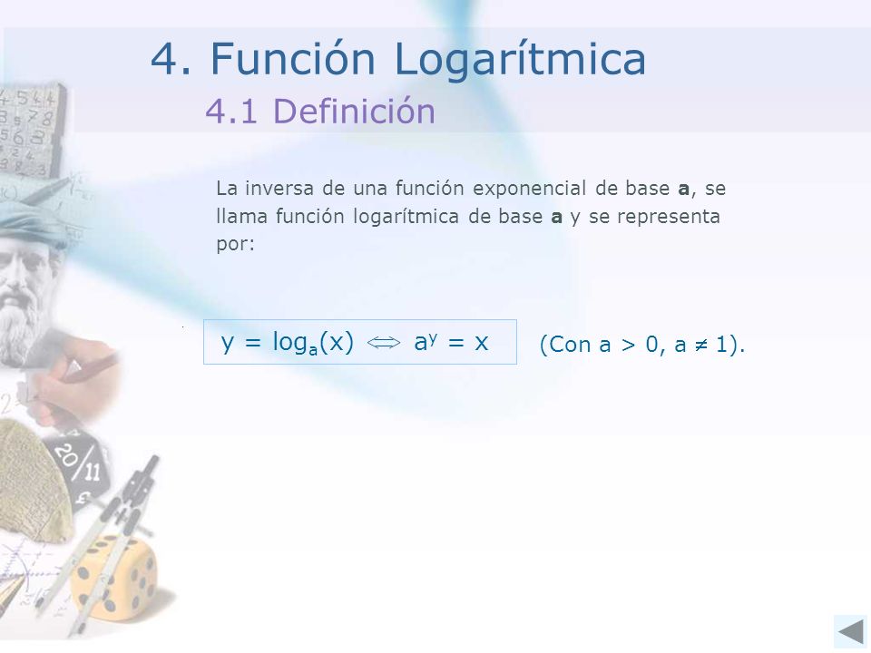 4. Función Logarítmica 4.1 Definición y = loga(x) ay = x