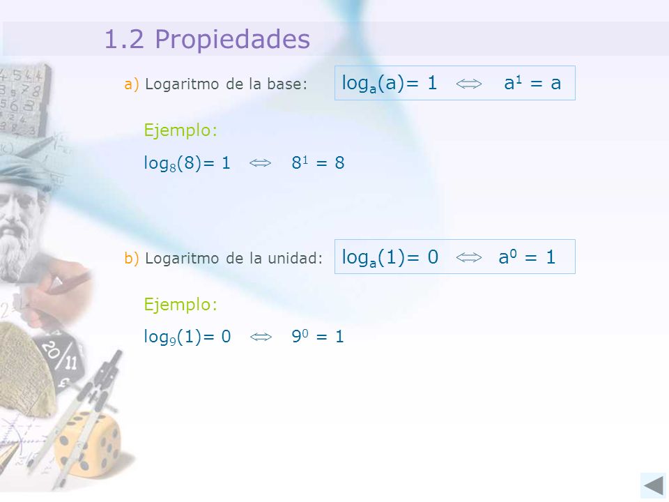 1.2 Propiedades loga(a)= 1 a1 = a loga(1)= 0 a0 = 1 Ejemplo: