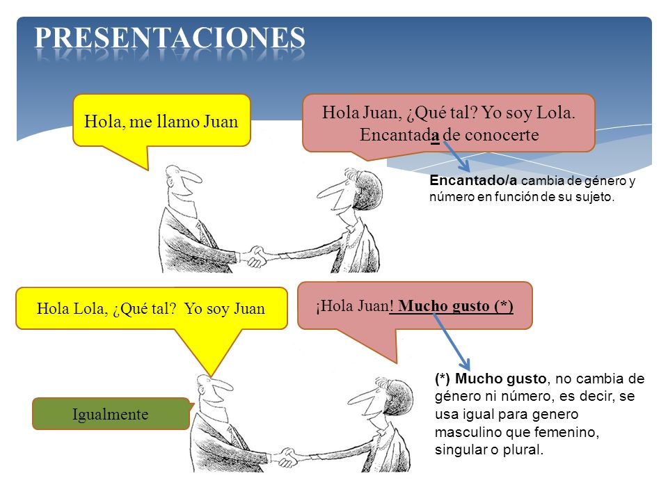 PRESENTACIONES Hola, me llamo Juan. Hola Juan, ¿Qué tal Yo soy Lola. Encantada de conocerte.