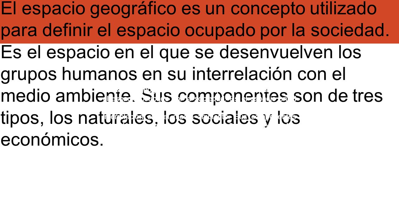 Componentes Naturales: Aquellos que se refieren a la naturaleza y entre ellos destacan el relieve, clima, vegetación, flora, fauna e hidrografía.