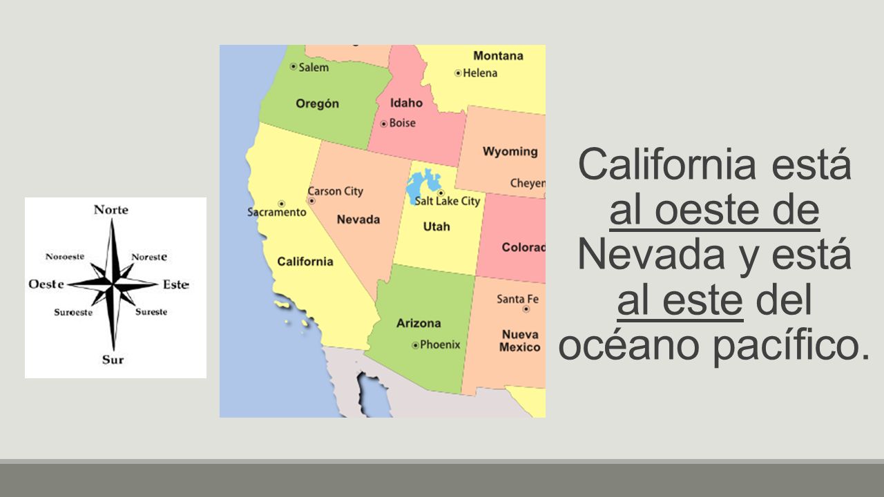 California está al oeste de Nevada y está al este del océano pacífico.