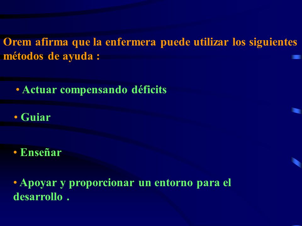 Orem afirma que la enfermera puede utilizar los siguientes métodos de ayuda :