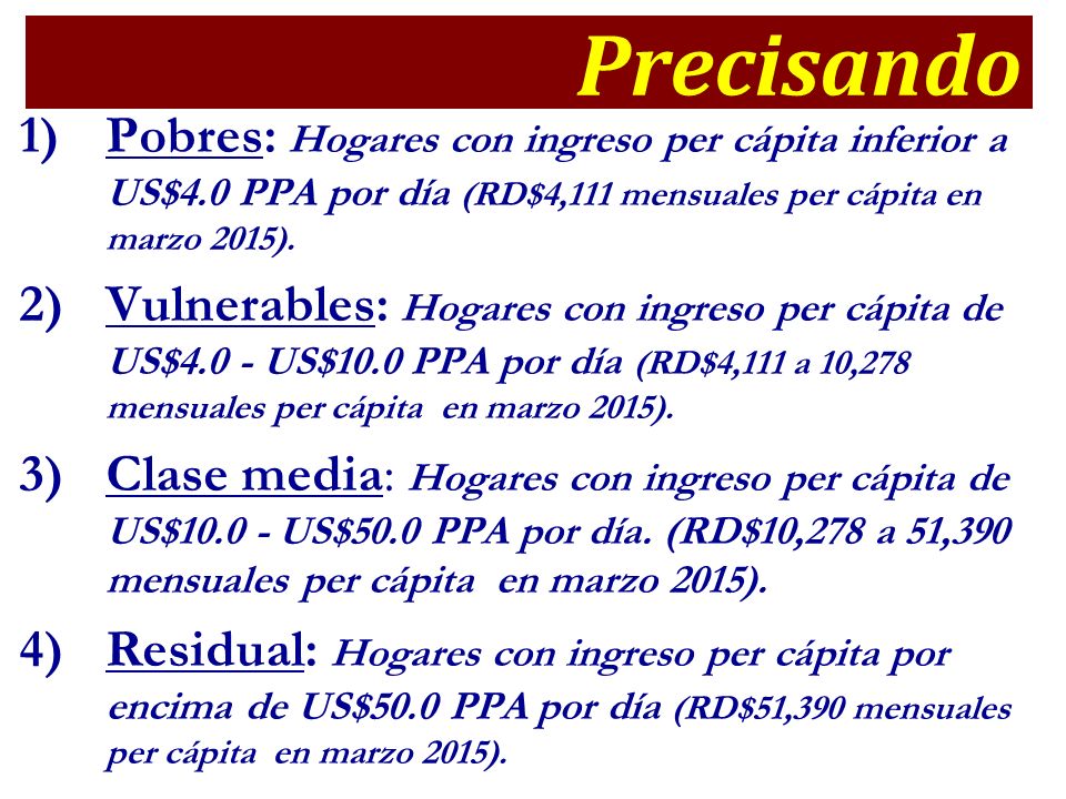 Precisando Pobres: Hogares con ingreso per cápita inferior a US$4.0 PPA por día (RD$4,111 mensuales per cápita en marzo 2015).